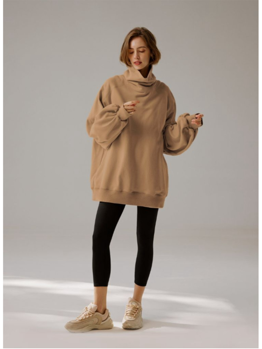 Nap Boxy Oversized Turtleneck Sweatshirt Light Brown Pockets Neutral Minimalist